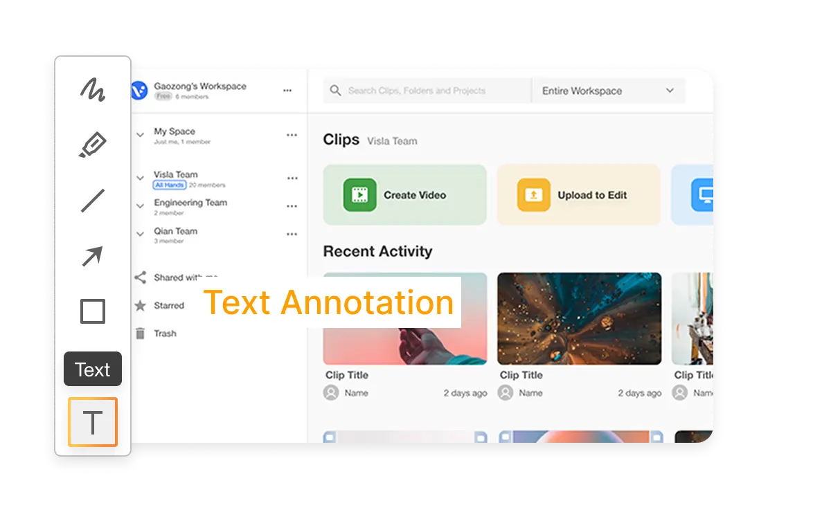 Visla screen recording annotation interface with text overlay tools for labeling and explaining details during recording.